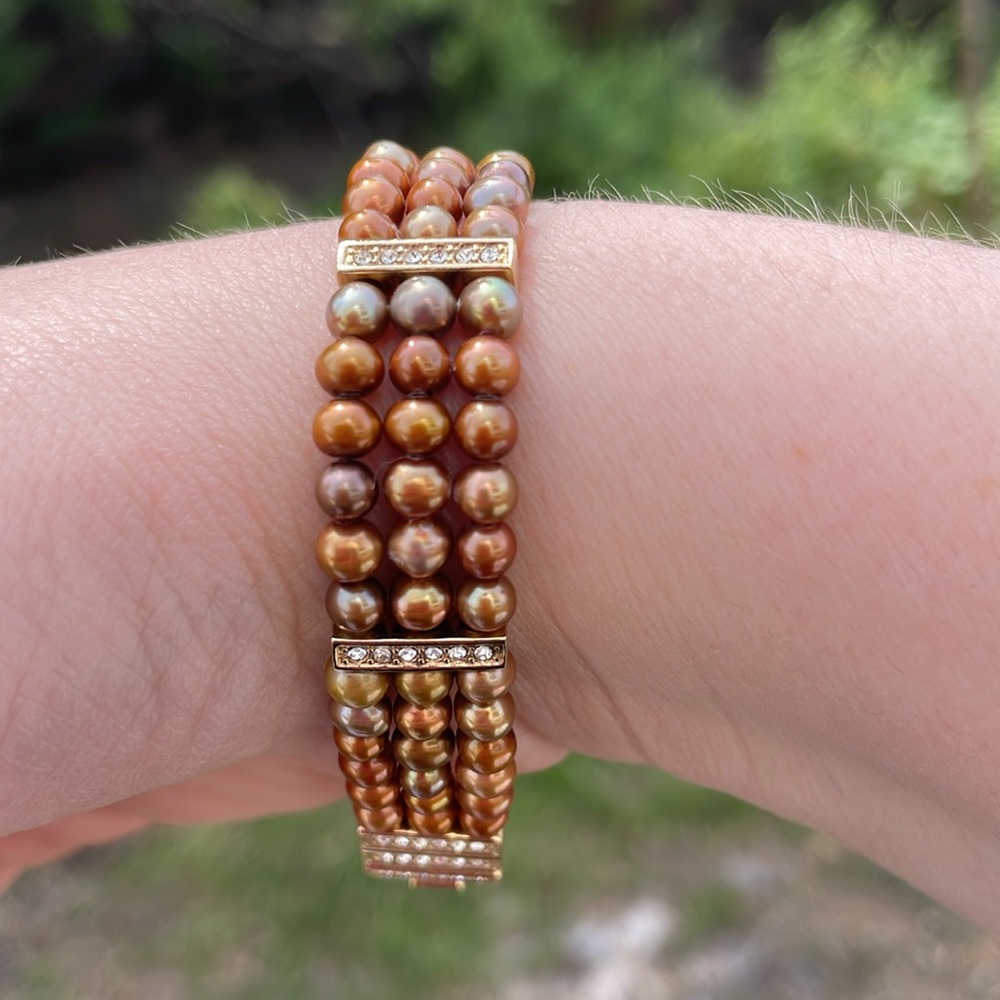 Gold Tone Three Strand Bracelet with Cultured Pearls and Rhinestones - Picture 3 of 16
